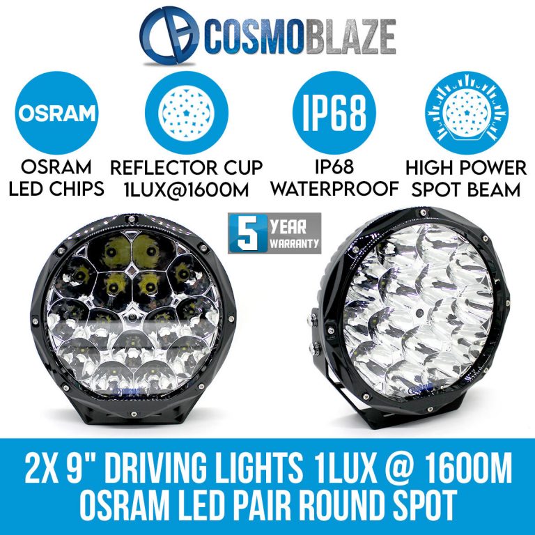 Cosmoblaze 9" Driving Lights Genuine Osram LED Pair Round Spot 1LUX 1600M 4x4 Truck Off Road SUV IP68 Waterproof Cosmoblaze 9" Driving Lights Genuine Osram LED Pair Round Spot 1LUX 1600M 4x4 Truck Off Road SUV IP68 Waterproof