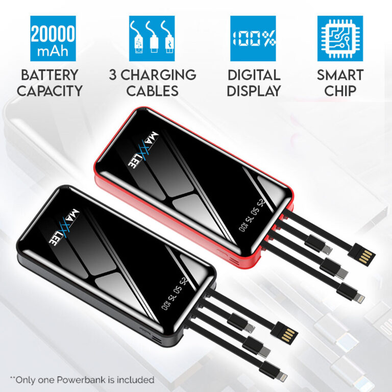 Maxxlee 20000mAh Powerbank Built-in 3 Cables High Capacity Battery Charger for Android iPhone Maxxlee 20000mAh Powerbank Built-in 3 Cables High Capacity Battery Charger for Android iPhone