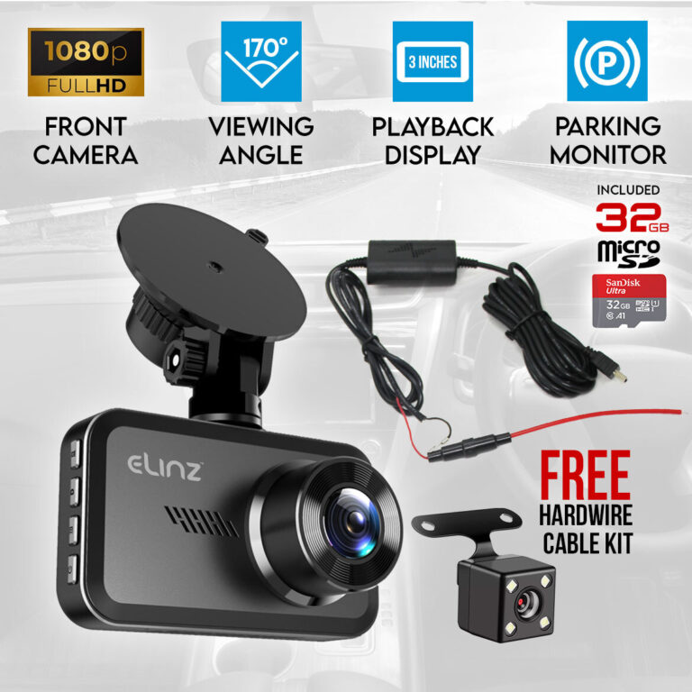 Elinz Car Dash Camera 3" HD 1080P FHD DVR Recorder Front and Rear Dual Cam Free Hardwire Kit 32GB Elinz Car Dash Camera 3" HD 1080P FHD DVR Recorder Front and Rear Dual Cam Free Hardwire Kit 32GB