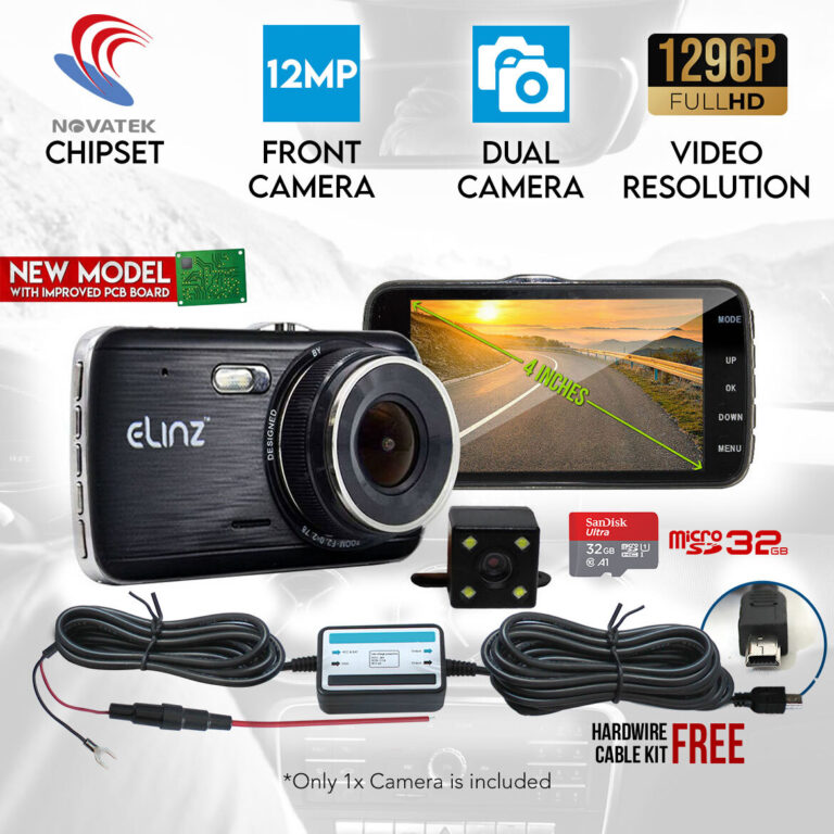 Elinz Dash Cam Dual Camera Reversing Recorder Car DVR Video FHD 1296P 4" LCD Hardwire Kit 32GB Elinz Dash Cam Dual Camera Reversing Recorder Car DVR Video FHD 1296P 4" LCD Hardwire Kit 32GB