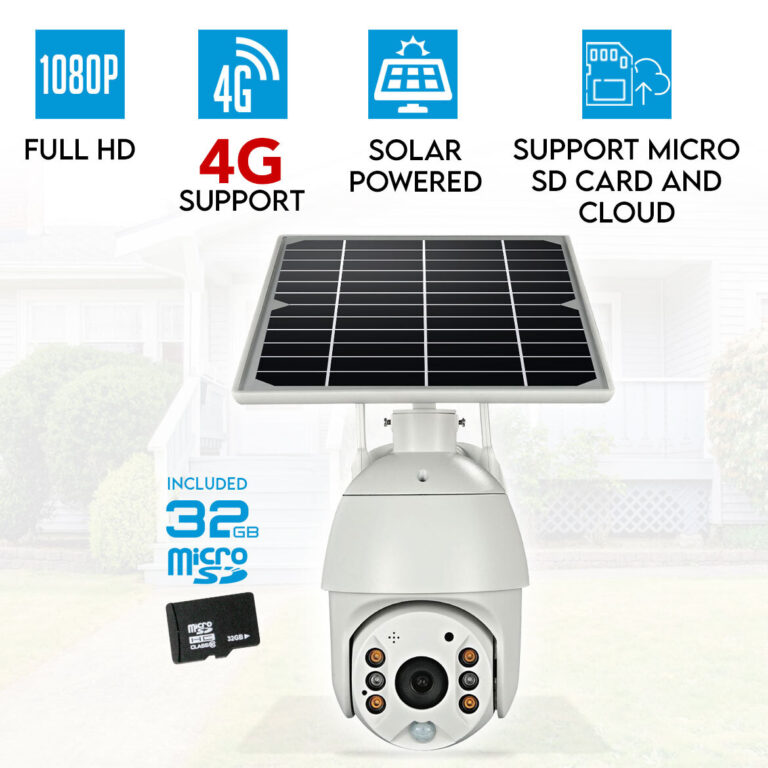 Elinz Wireless Solar Security 4G IP 1080P PTZ Outdoor Camera CCTV Waterproof Built-in Battery Pan Tilt Digital Zoom 32GB Elinz Wireless Solar Security 4G IP 1080P PTZ Outdoor Camera CCTV Waterproof Built-in Battery Pan Tilt Digital Zoom 32GB