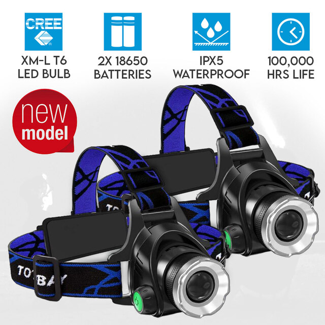 2x Headlight LED Torch CREE XM-L T6 Zoomable Headlamp Rechargeable 18650 Batteries 2x Headlight LED Torch CREE XM-L T6 Zoomable Headlamp Rechargeable 18650 Batteries