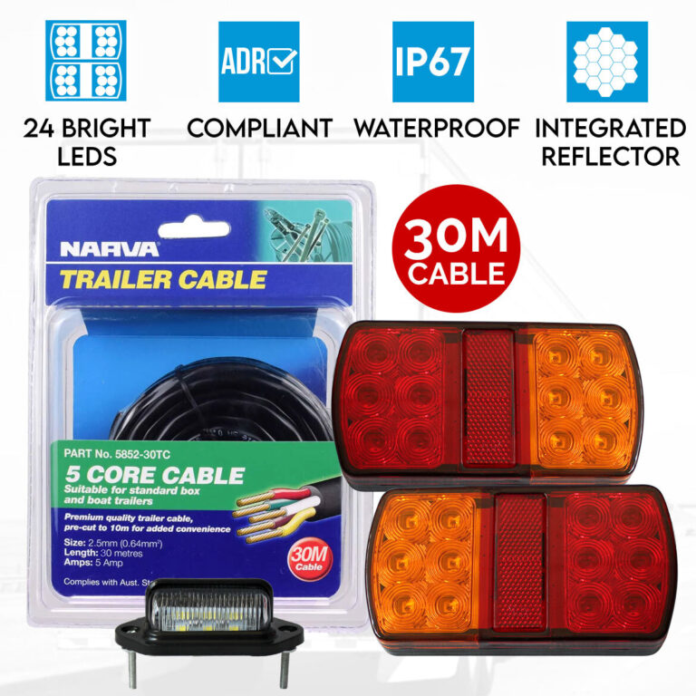 2x LED Tail Lights Stop Turn Indicator Number Plate Light 12V Trailer Caravan 30M Narva 5 Core Trailer Cable 2x LED Tail Lights Stop Turn Indicator Number Plate Light 12V Trailer Caravan 30M Narva 5 Core Trailer Cable