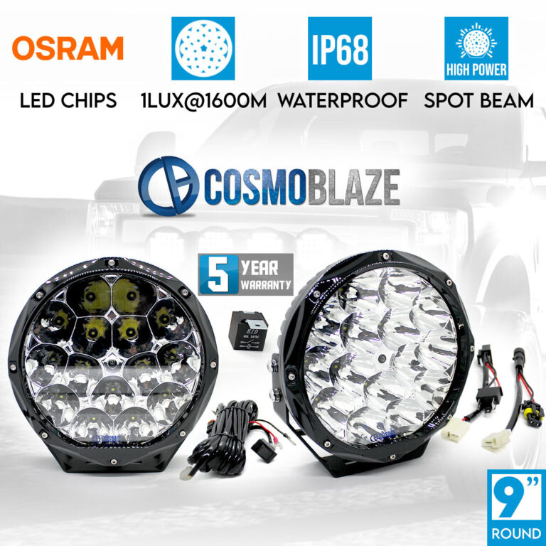 Cosmoblaze 9" Driving Lights Genuine Osram LED Pair Round Spot 1LUX 1600M IP68 DT Wiring Harness Cosmoblaze 9" Driving Lights Genuine Osram LED Pair Round Spot 1LUX 1600M IP68 DT Wiring Harness