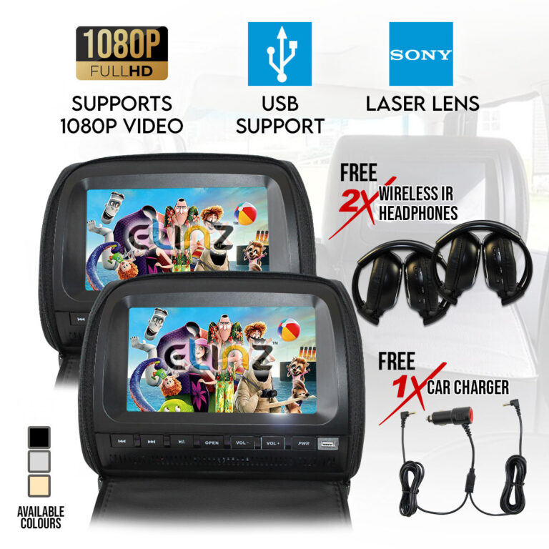 Elinz 2x 9" Headrest DVD Player Car Monitor Pillow Games 1080P USB Sony Lens Elinz 2x 9" Headrest DVD Player Car Monitor Pillow Games 1080P USB Sony Lens