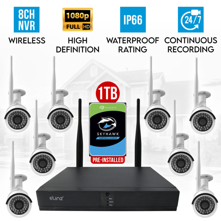 Elinz 8CH CCTV Wireless Security System 2MP IP WiFi 8x Camera 1080P NVR Outdoor 1TB H265 Elinz 8CH CCTV Wireless Security System 2MP IP WiFi 8x Camera 1080P NVR Outdoor 1TB H265
