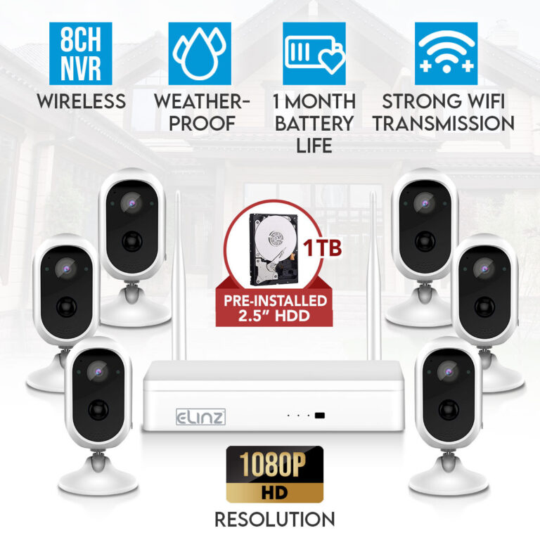 Elinz Wireless Home Battery Security 1080P HD WiFi 6x Cameras CCTV System 8CH NVR Indoor Outdoor 1TB HDD Elinz Wireless Home Battery Security 1080P HD WiFi 6x Cameras CCTV System 8CH NVR Indoor Outdoor 1TB HDD