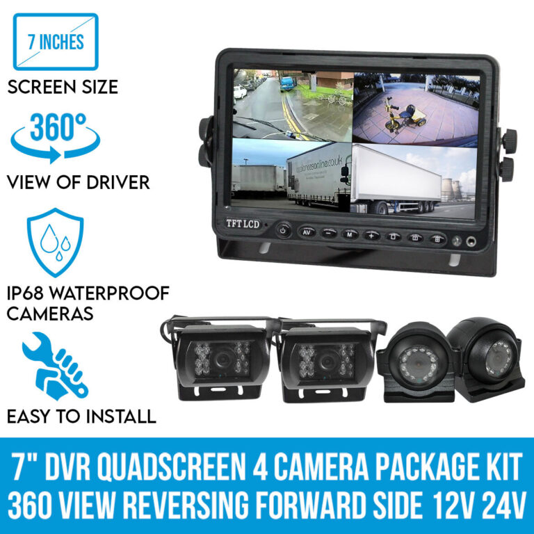 Elinz 7" DVR Quadscreen 4 Camera Package Kit 360 View Reversing Forward Side 12V 24V Bus Truck Caravan Elinz 7" DVR Quadscreen 4 Camera Package Kit 360 View Reversing Forward Side 12V 24V Bus Truck Caravan