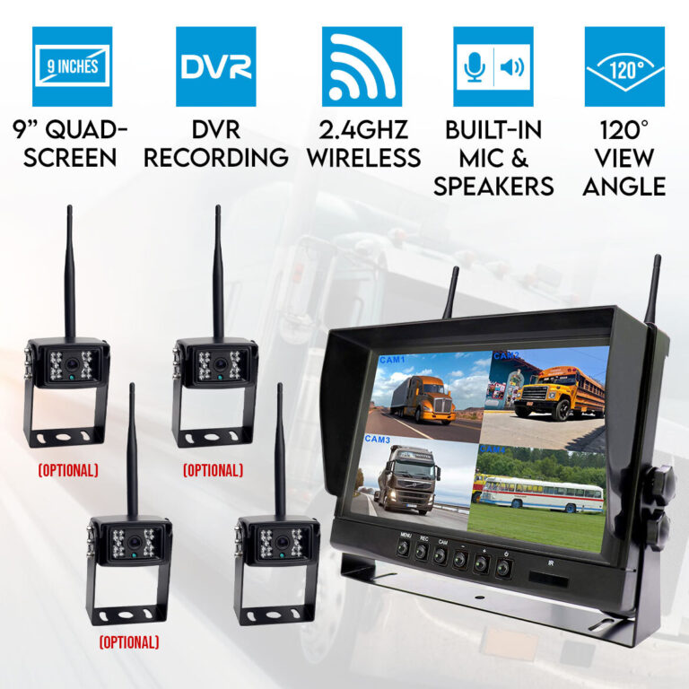 Elinz Digital Wireless 9" Quad Splitscreen Monitor 4CH DVR Reversing CMOS 800TVL Camera 12V 24V 2.4GHz Elinz Digital Wireless 9" Quad Splitscreen Monitor 4CH DVR Reversing CMOS 800TVL Camera 12V 24V 2.4GHz
